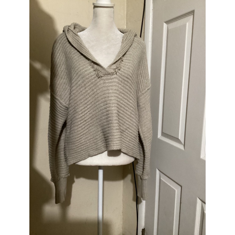 Free People Beige Ribbed Knit Hooded V-Neck Sweater XS